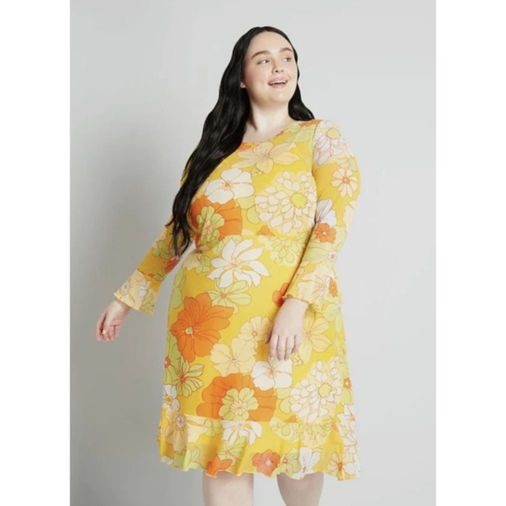 ModCloth Yellow Retro Tropicana Isle‎ Mesh Floral Midi Dress Long Sleeve Orange